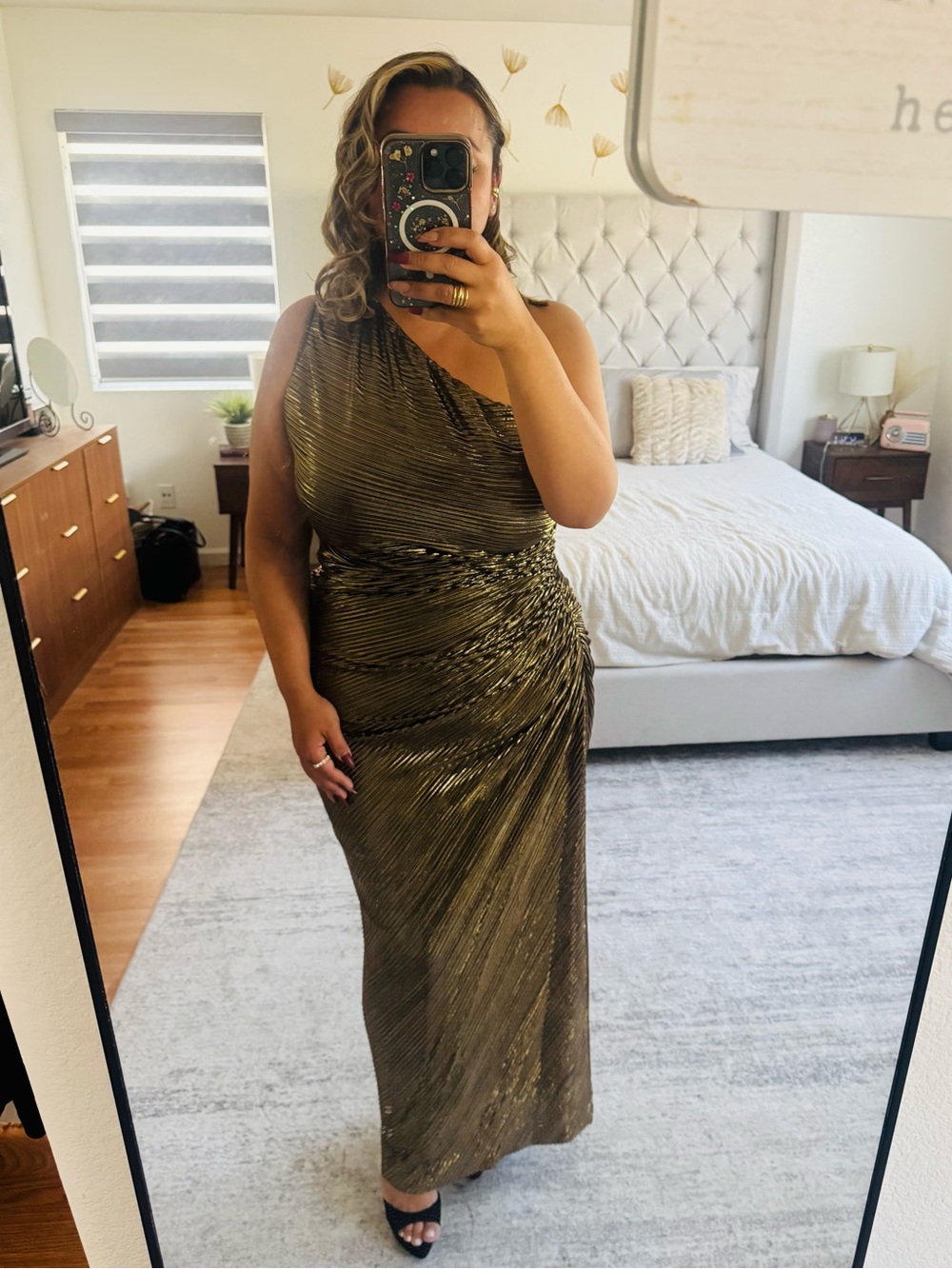 One-Shoulder Metallic Gold Evening Gown